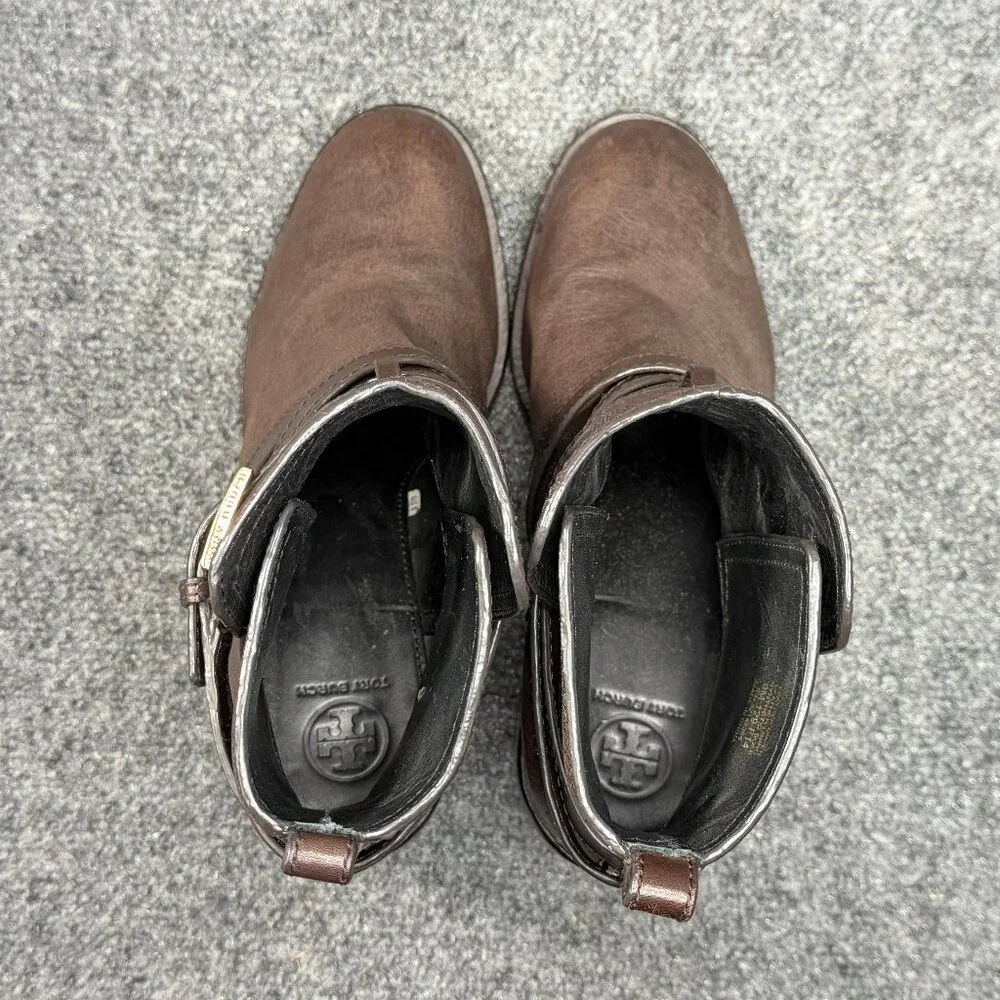 Tory Burch Hastings‎ Ankle Boots Women's Size 9 Brown Leather Cross Strap Heeled